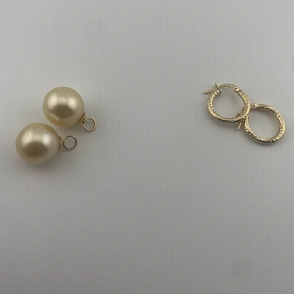 18K Gold Huggie Earrings with Champagne South Sea Pearl Drops 12mm - Picture 6 of 16